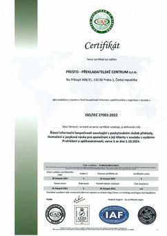 Certifikát ISO/IEC 27001:2022