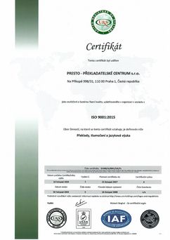 Certifikát ISO 9001:2015